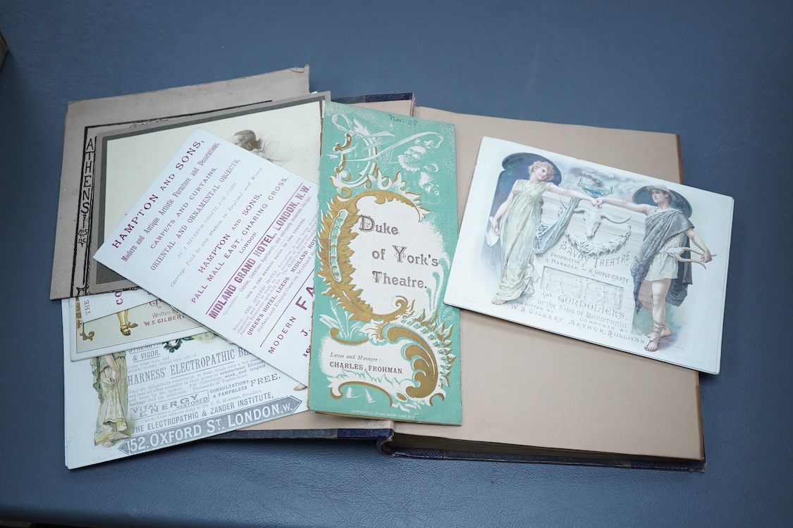 A collection of ephemera including Savoy Theatre, a photograph album and an album of watercolours and pencil studies, late 19th / early 20th century